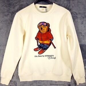 Mens ETNT Eternity Ski Bear Sweatshirt Eggshell 3D Chenille Applique‎ Skiing NWT
